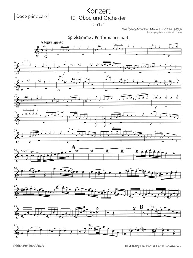Mozart Konzert für Oboe und Orchester C-dur KV 314 (285d) Ausgabe für Oboe und Klavier