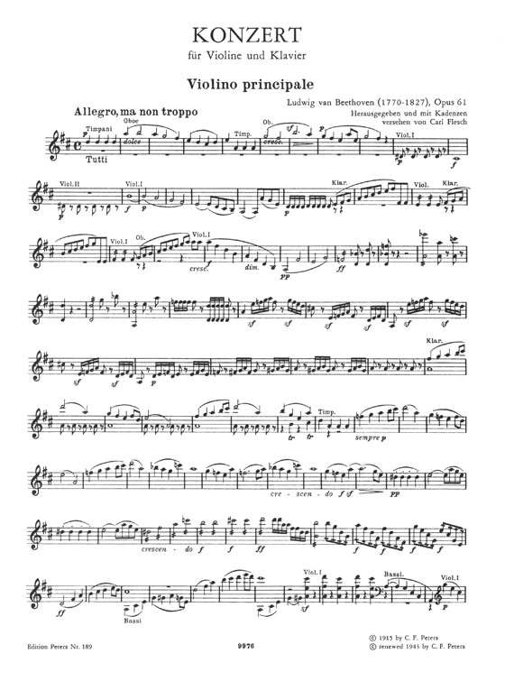 Beethoven Konzert D Major Opus 61 Violine und Orchester Edition for Violin and Piano
