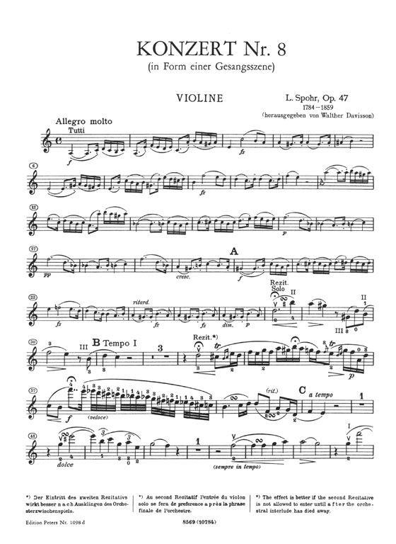 Spohr Konzert Nr. 8 (Gesangsszene) A minor Opus 47 Violin und Orchester Ausgabe für Violine und Klavier