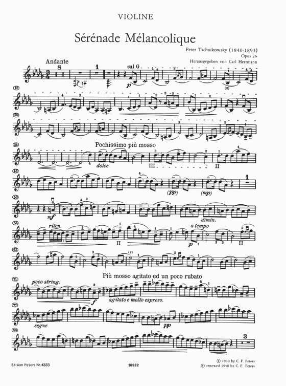 Tchaikovsky Sérénade Mélancolique Opus 26 Violin and Orhestra (Herrmann) Edition for Violin and Piano