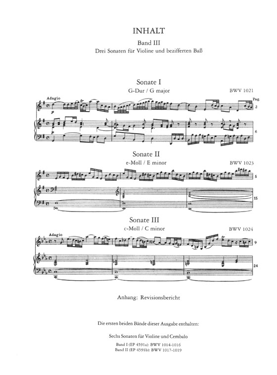 J. S. Bach Sonaten für Violine und Cembalo Band Ⅲ Drei Sonaten für Violine und bezifferten Baß BWV 1021, 1023, 1024