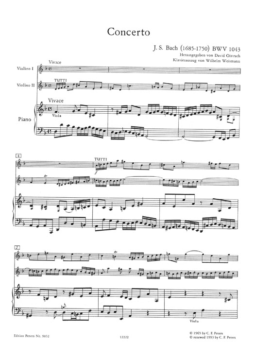 J. S. Bach Konzert 2 Violinen, Streicher und Basso Continuo D minor BWV 1043 Edition for 2 Violins and Piano