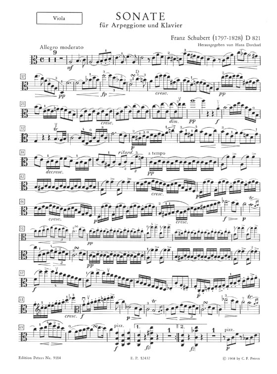 Schubert Sonate A Minor D 821 Arpeggione und Klavier Ausgabe für Viola und Klavier