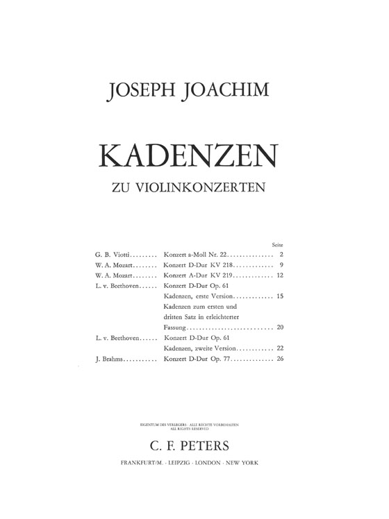 Joachim Kadenzen zu Violinkonzerten von Viotti, Mozart, Beethoven und Brahms