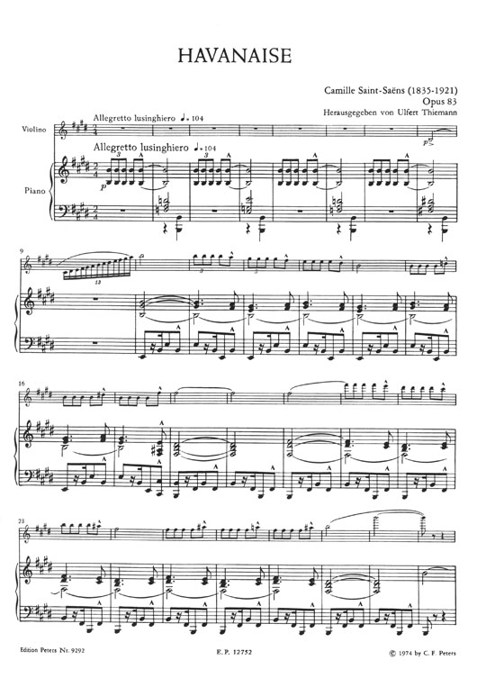 Saint Saëns Havanaise Opus 83 Violine und Orchester Edition for Violin and Piano Urtext