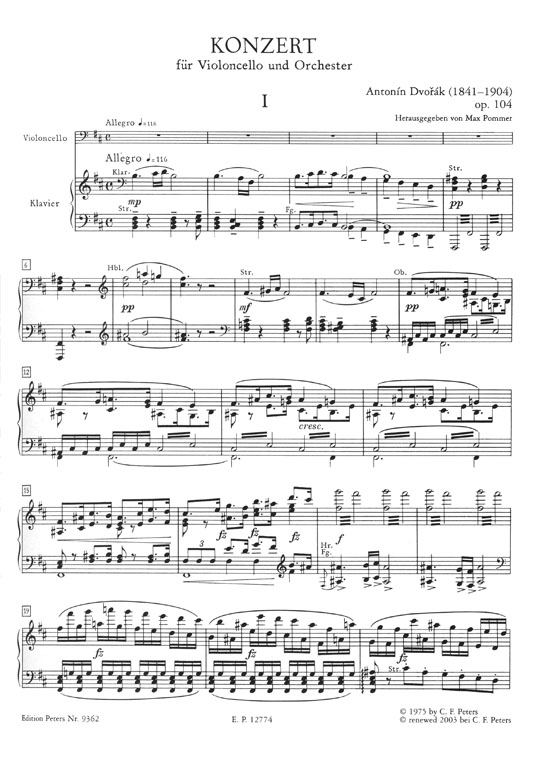Dvorák Konzert B Minor Opus 104 Violoncello and  Orchestra Edition for Violoncello and Piano (Urtext)