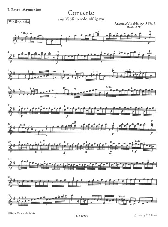 Vivaldi Concerto G Major Opus 3 No. 3／RV 310 (Heller) Edition for Violin and Piano
