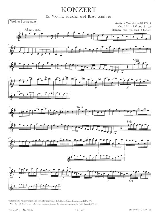 Vivaldi Concerto G major Opus 7／Ⅱ No. 2 (RV 299) Violin, Strings and Basso Continuo Edition for Violin and Piano (Urtext)