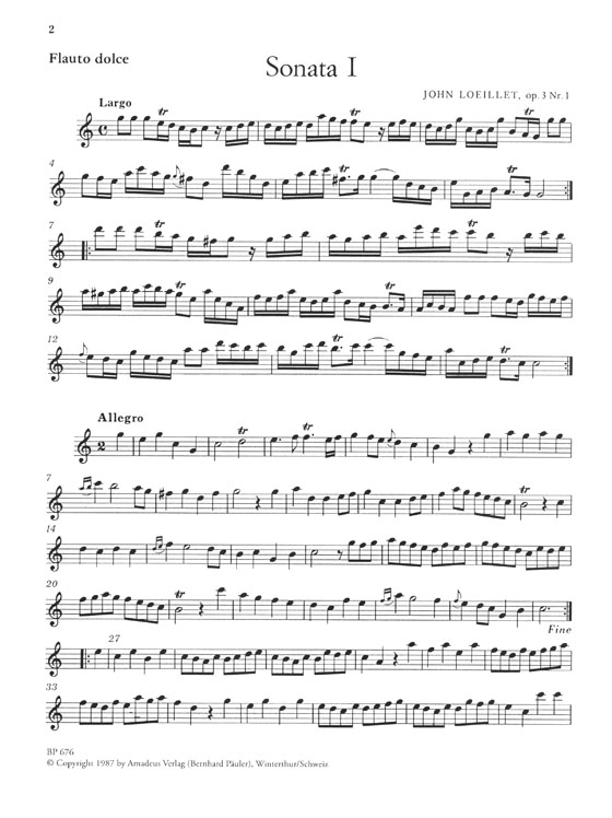 Loeillet Sechs Sonaten für Altblockflöte und Basso Continuo Ⅰ