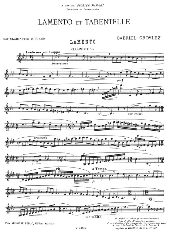 Gabriel Grovlez Lamento Et Tarentelle pour Clarinette & Piano