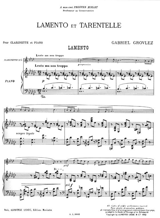 Gabriel Grovlez Lamento Et Tarentelle pour Clarinette & Piano