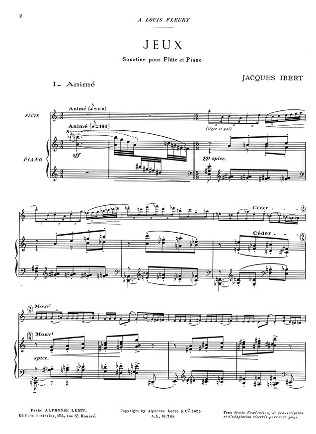 Jacques Ibert Jeux Sonatine pour Flûte (ou Violon) et Piano