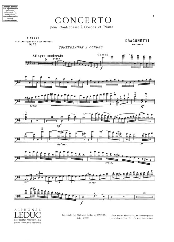 Dragonetti Concerto pour Contrebasse à Cordes et Piano