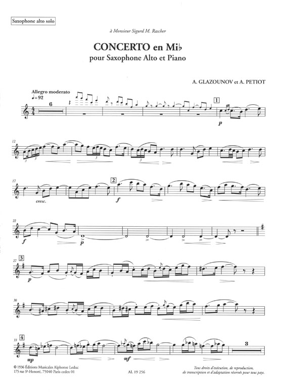 A. Glazunov et A Petiot Concerto en mi Bémol pour Saxophone Alto avec Accompagnement de Piano
