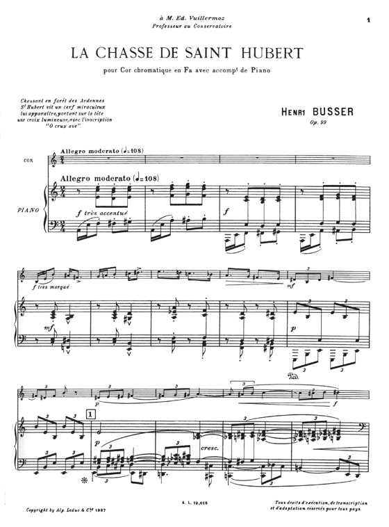 Henri Busse Le Chasse De Saint Hubert pour Cor en fa et Piano