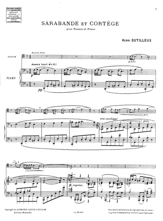 Henri Dutilleux Sarabande et Cortege pour Basson et Piano