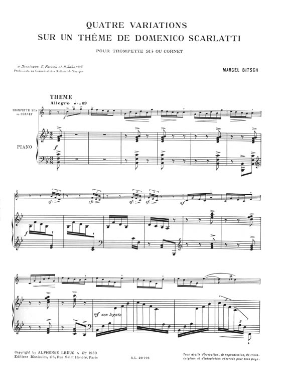 Marcel Bitsch: Quatre Variations sur un Thème de Domenico Scarlatti pour Trompette Sib ou Cornet et Piano