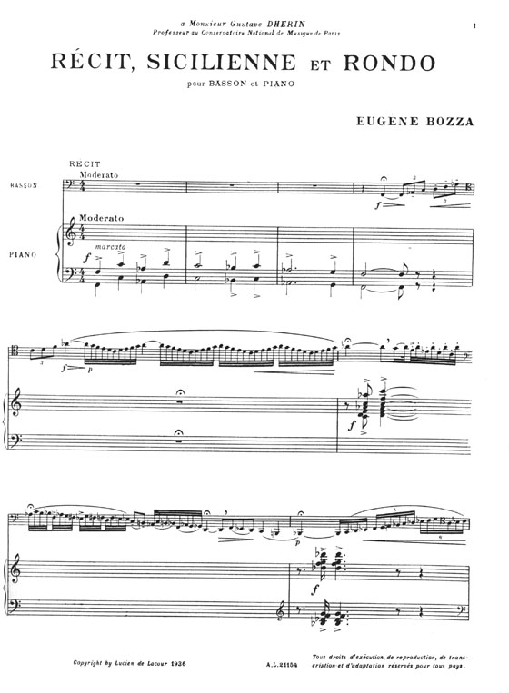 Eugène Bozza Récit, Sicilienne et Rondo pour Basson et Piano