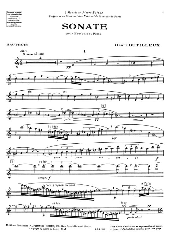 Henri Dutilleux: Sonate Pour Hautbois et Piano