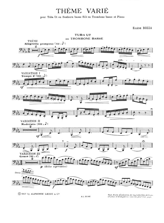 E. Bozza Thème Varié pour Tuba Ut ou Saxhorn Basse Si♭ ou Trombone Basse et Piano