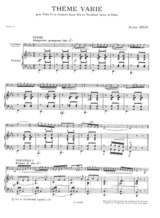 E. Bozza Thème Varié pour Tuba Ut ou Saxhorn Basse Si♭ ou Trombone Basse et Piano