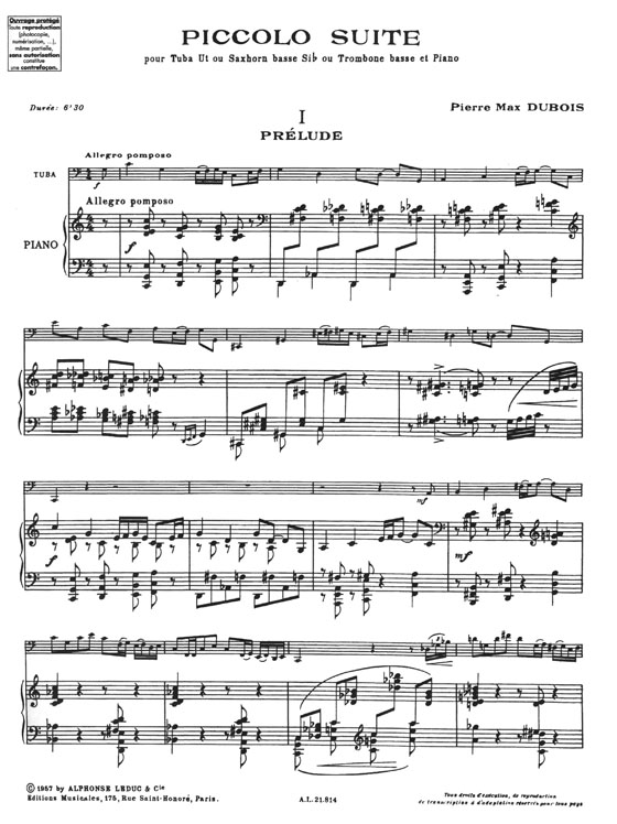 Pierre Max Dubois Piccolo Suite pour Tuba Ut ou Saxhorn Basse Si♭ ou Trombone Basse et Piano