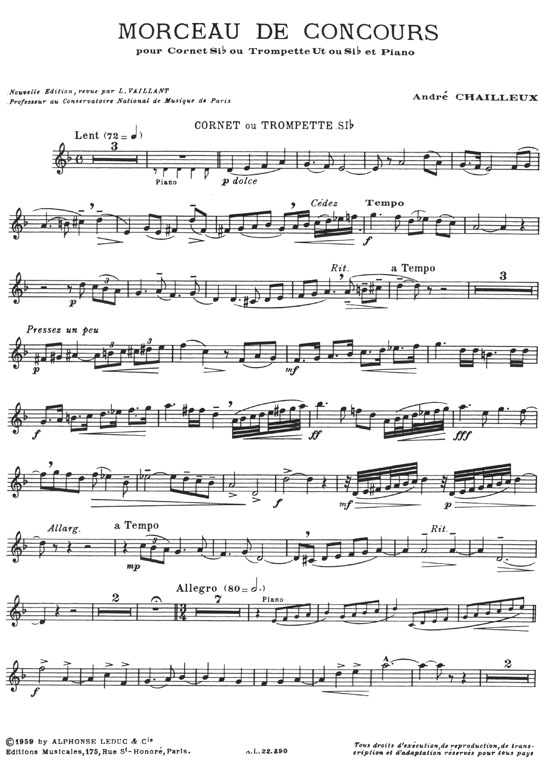 André Chailleux Morceau de Concours pour Cornet Si♭ ou Trompette Ut ou Si♭ et Piano
