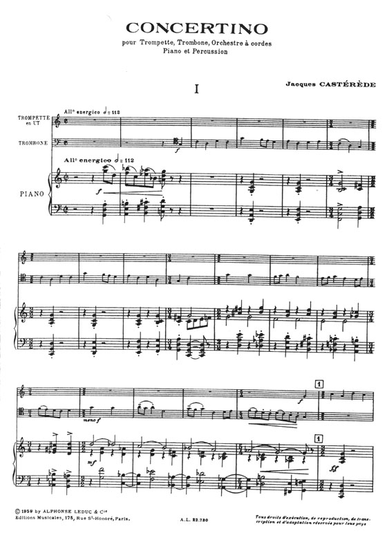 Jacques Castérède Concertino pour Trompette, Trombone, Orchestre à Cordes, Piano et Percussion
