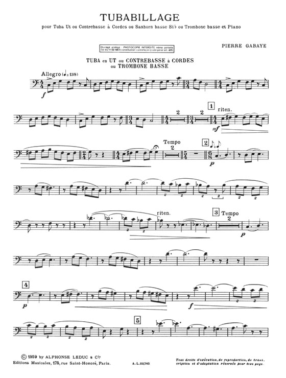 P. Gabaye Tubabillage pour Tuba Ut ou Contrebasse à Cordee ou Saxhorn Basse Si♭ ou Trombone Basse et Piano