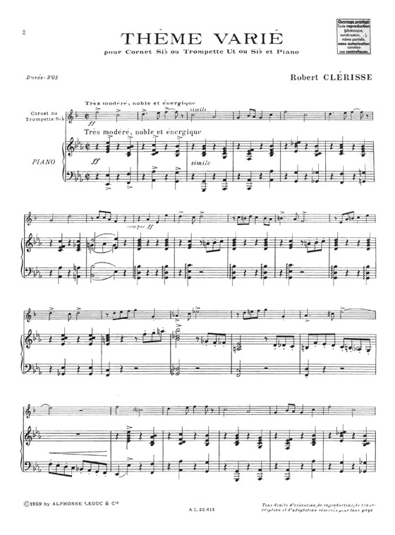 Robert Clérisse Thème Varié pour Cornet Si♭ ou Trompette Ut ou Si♭ et Piano