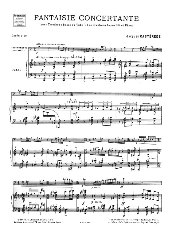 Jacques Castérède Fantaisie Concertante pour Trombone Basse ou Tuba Ut ou Saxhorn Basse Si♭ et Piano