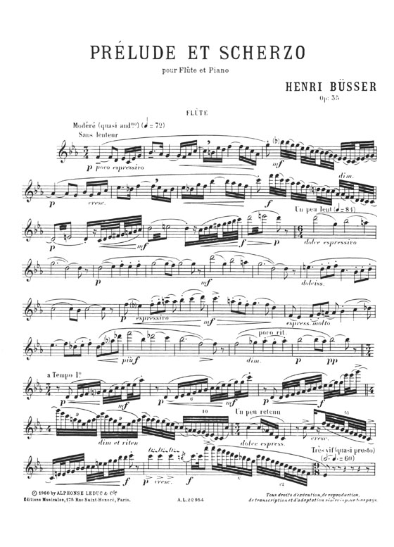 Henri Busser Prélude Et Scherzo pour Flute et Piano