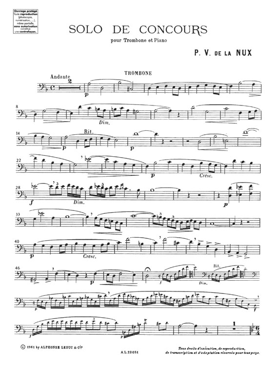 P. V. De La Nux Solo De Concours pour Trombone et Piano