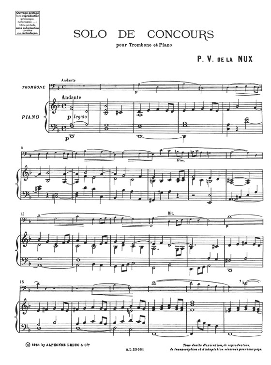 P. V. De La Nux Solo De Concours pour Trombone et Piano