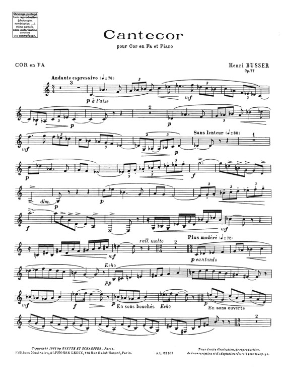 Henri Busser Cantecor pour Cor en fa et Piano