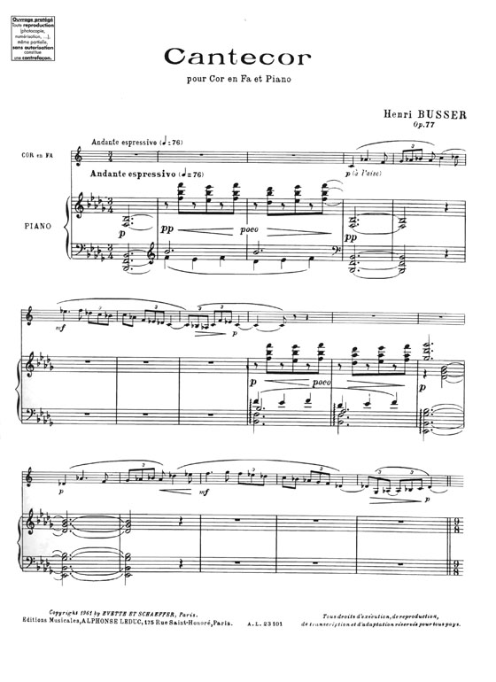 Henri Busser Cantecor pour Cor en fa et Piano