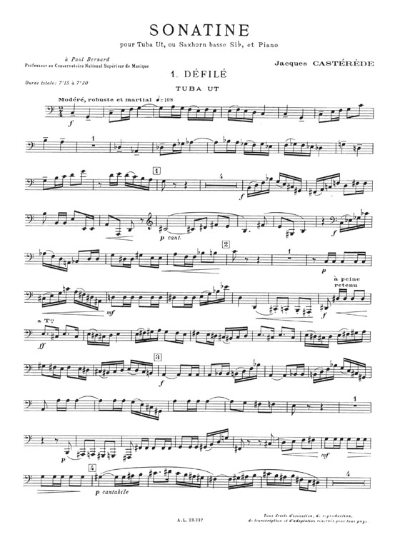 Jacques Castérède Sonatine pour Tuba Ut, ou Saxhorn Basse Si♭ et Piano