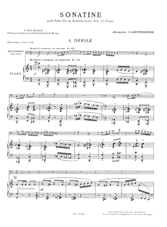 Jacques Castérède Sonatine pour Tuba Ut, ou Saxhorn Basse Si♭ et Piano