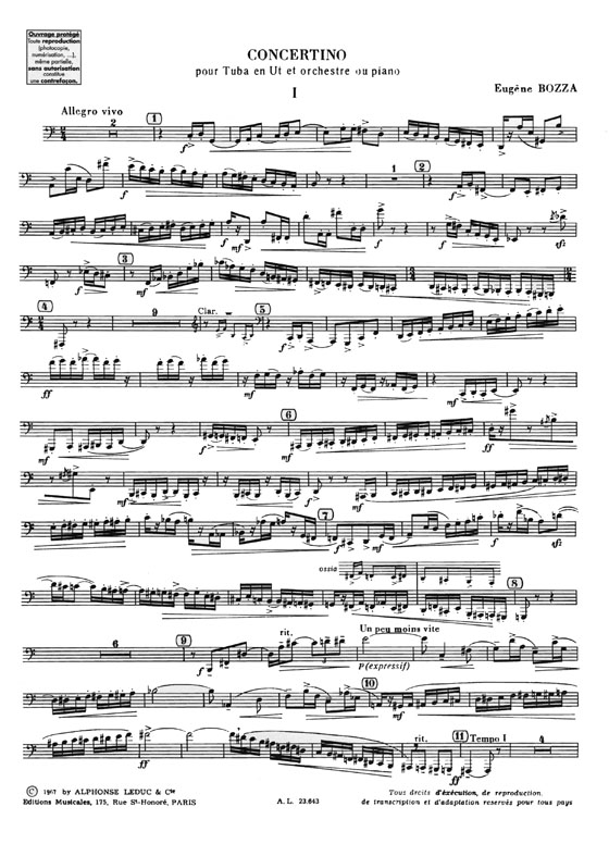 Eugène Bozza Concertino pour Tuba en Ut ou Saxhorn Basse en Si bémol et Orchestre ou Piano