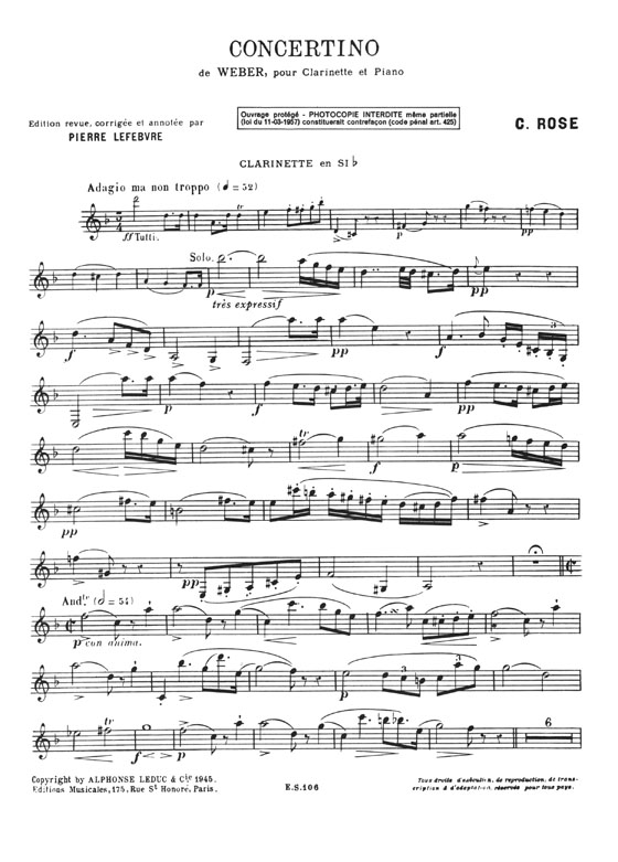 C. Rose Œuvres Choisies pour Clarinette en si b Concertino de Weber, pour Clarinette et Piano