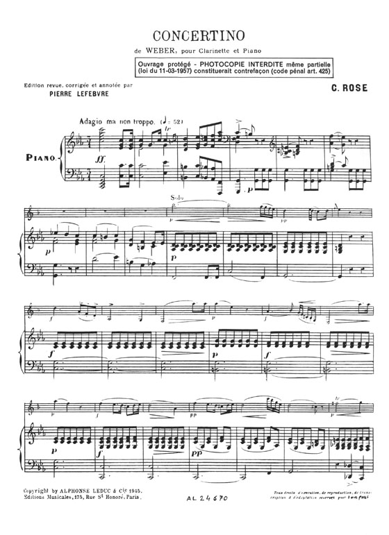 C. Rose Œuvres Choisies pour Clarinette en si b Concertino de Weber, pour Clarinette et Piano