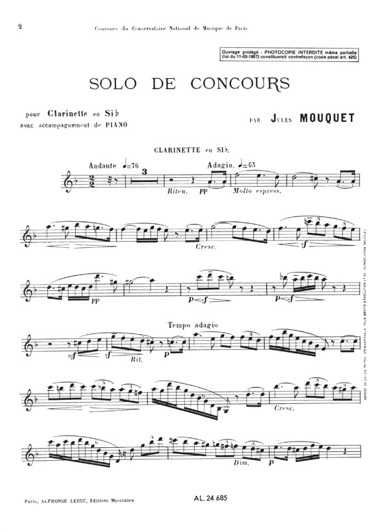 Jules Mouquet Solo De Concours Pour Clarinette avec Accompagnement de Piano
