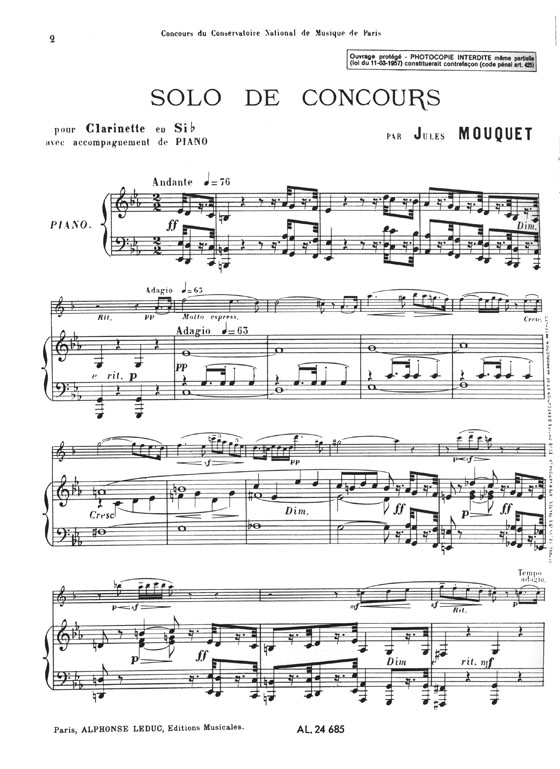 Jules Mouquet Solo De Concours Pour Clarinette avec Accompagnement de Piano