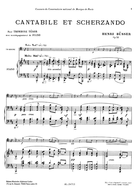 Henri Büsser: Cantabile Et Scherzando pour Trombone Tenor avec accompt. de Piano