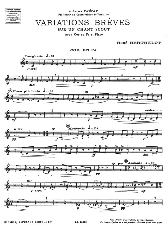 René Berthelot Variations Brèves Sur Un Chant Scout pour Cor en Fa et Piano