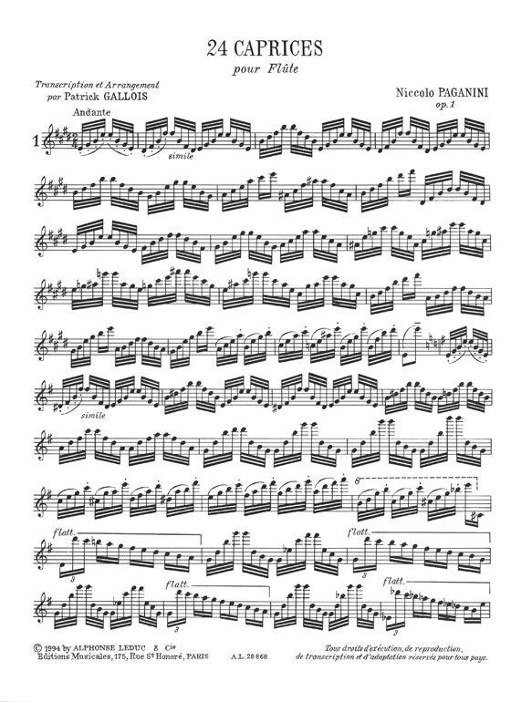 Niccolo Paganini 24 Caprices Op.1 for Flute Transcribed and Arranged by Patrick Gallois