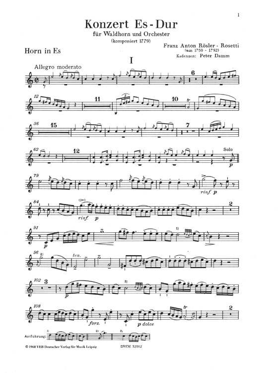 Rössler Konzert Es-Dur für Waldhorn und Orchester Ausgabe für Waldhorn und Klavier
