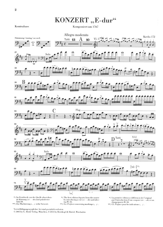 Dittersdorf Kontrabasskonzert "E-dur" (Krebs 172) Klavierauszug