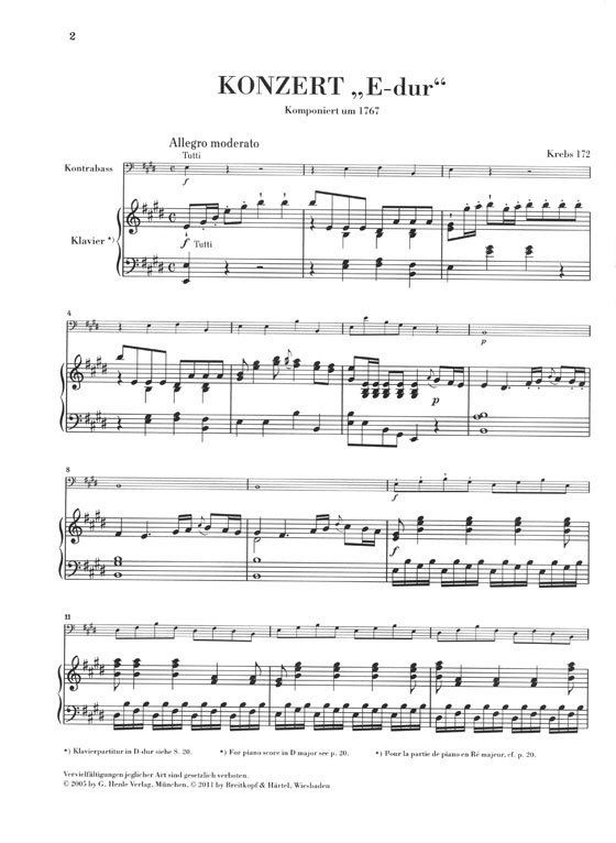 Dittersdorf Kontrabasskonzert "E-dur" (Krebs 172) Klavierauszug