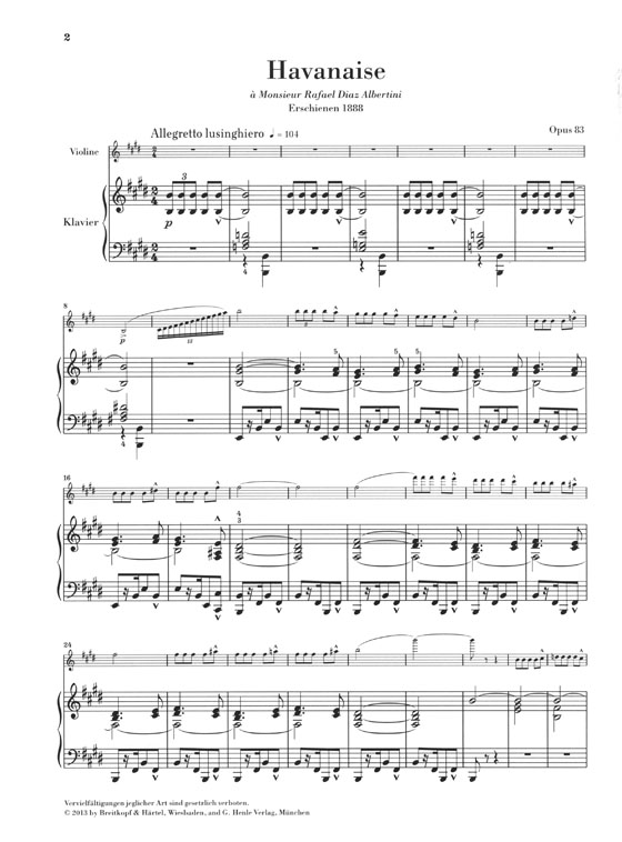 Saint Saëns Havanaise Opus 83 für Violine und Klavier Urtext